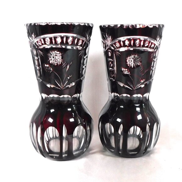 Pair of Two Small Red Cut to Clear Vases # 25597